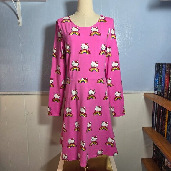 Modcloth for Hello Kitty Medium Bright Pink Rainbow Round Neck Longsleeve Dress - Picture 1 of 9